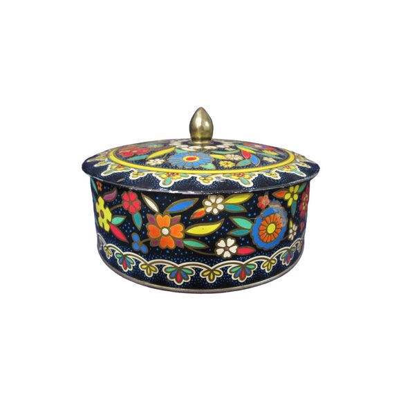 Daher Cloisonne Style 1970s Vintage Hand Painted Floral Biscuit Tin with Lid GUC - Picture 3 of 14